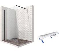 Душевая перегородка 100 см с трапом и свободным входом Ambassador Walk-in: душевая ширма 8 мм, профиль черный матовый, перегородка для душа стеклянная с защитой от разводов EasyClean 15031110-ST13