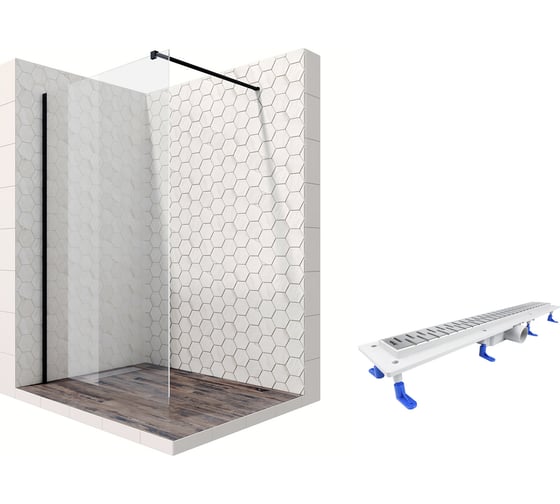 Душевая перегородка 100 см с трапом и свободным входом Ambassador Walk-in: душевая ширма 8 мм, профиль черный матовый, перегородка для душа стеклянная с защитой от разводов EasyClean 15031110-ST10 1