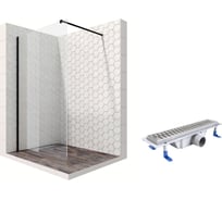 Душевая перегородка 100 см с трапом и свободным входом Ambassador Walk-in: душевая ширма 8 мм, профиль черный матовый, перегородка для душа стеклянная с защитой от разводов EasyClean 15031110-ST5