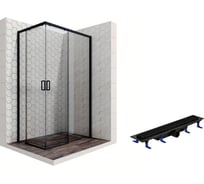 Душевой уголок 120x80 с трапом и раздвижными дверями Ambassador Queen Black: правостороннее душевое ограждение 6 мм, профиль черный, ограждение для душа с покрытием EasyClean 11011205R-ST6