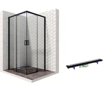 Душевой уголок 90x90 с трапом и раздвижными дверями Ambassador Queen Black: душевое ограждение 6 мм, профиль черный, ограждение для душа с покрытием EasyClean 11011203-PR2