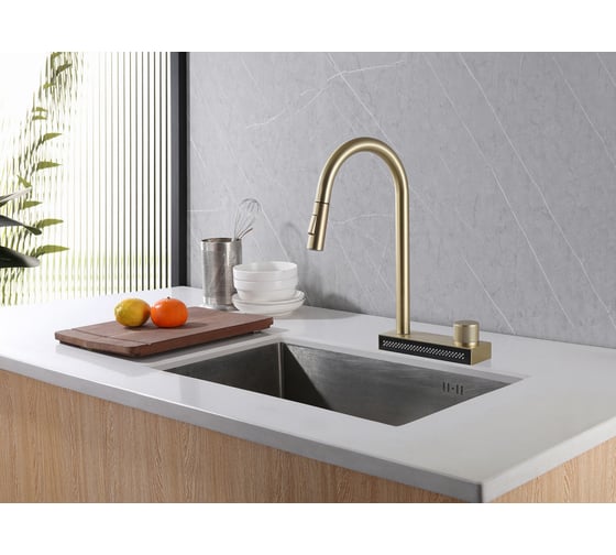 Смеситель для кухни ABBER Wasser Kreis с выдвижной лейкой, золото матовое AF8114G