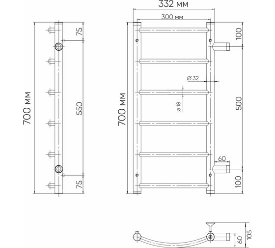 Водяной полотенцесушитель INDIGO Arc б/п н.р.1" 70/30 м/о 50 бок.подкл. к-2, полиров. LASW70-30-б/п-50
