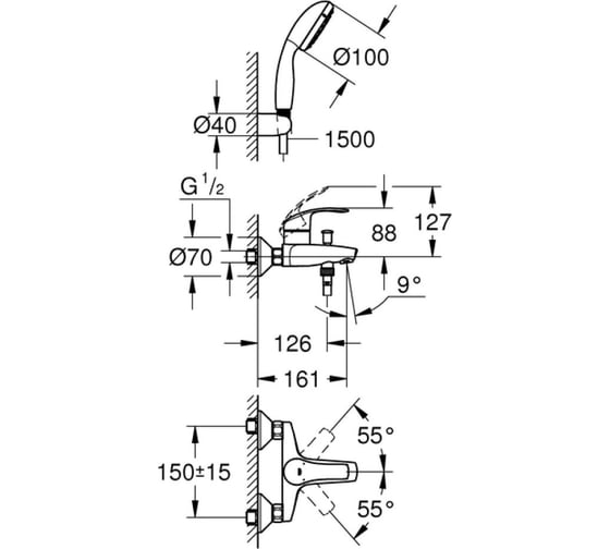Смеситель для ванны GROHE 3330220A Eurosmart New с душевым набором, хром 00000062501