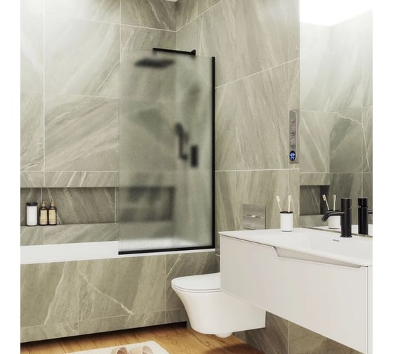 Стеклянная шторка на ванну FIXATOP 1400x540, узкий профиль чёрный, стекло сатин MGSHCU1400540UZKIY6BLSAT 1