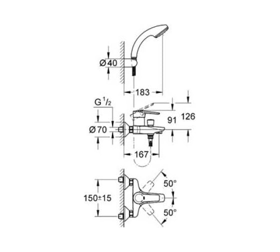 Смеситель для ванны GROHE Eurostyle с душевым гарнитуром, хром 33592000