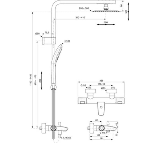 Душевая система с телескопической штангой Ideal Standard CERATHERM T100 в комплекте с термостатическим смесителем для ванны/душа A7591AA 00077488