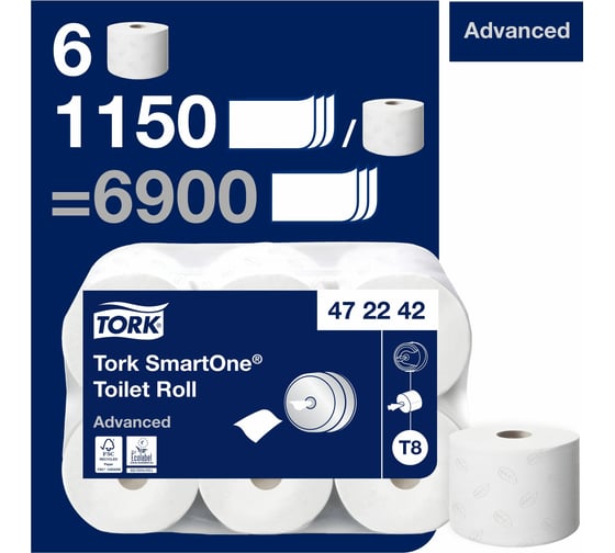 Туалетная бумага Tork SmartOne в больших рулонах, Т8, 6 рулонов 297493/472242 22166