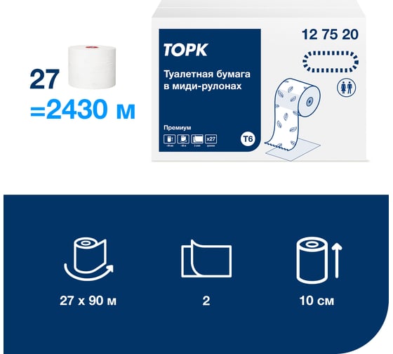 Туалетная бумага TORK Premium в компактных рулонах, мягкая, Т6, 27 рулонов 127520 21667