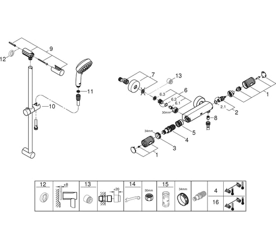 Термостат для душа Grohe Grohtherm 1000 Performance с душевым гарнитуром, хром 34834000