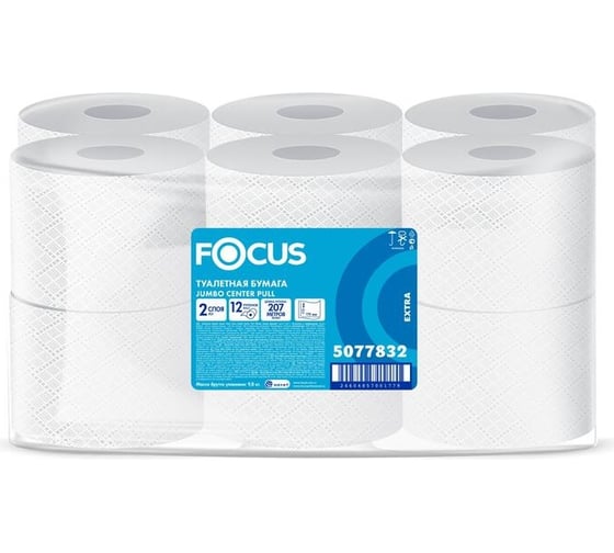Туалетная бумага Focus для диспенсера jumbo premium, 2 слоя, белая, целлюлоза, 207 м, 12 рулонов 5077832 1594285