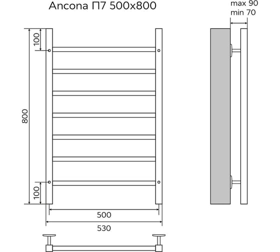 Водяной полотенцесушитель Azario ANCONA 500/800 7 квадратных перекладин, 1"-1/2", полированный 00088196