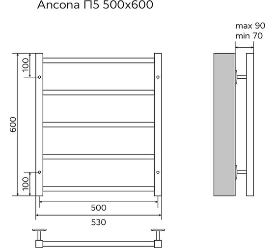 Водяной полотенцесушитель Azario ANCONA 500/600 5 квадратных перекладин, 1"-1/2", полированный 00088194