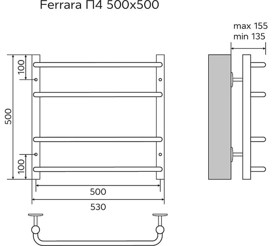 Водяной полотенцесушитель Azario FERRARA 500/500 4 перекладины, 1"-1/2", полированный 00088190