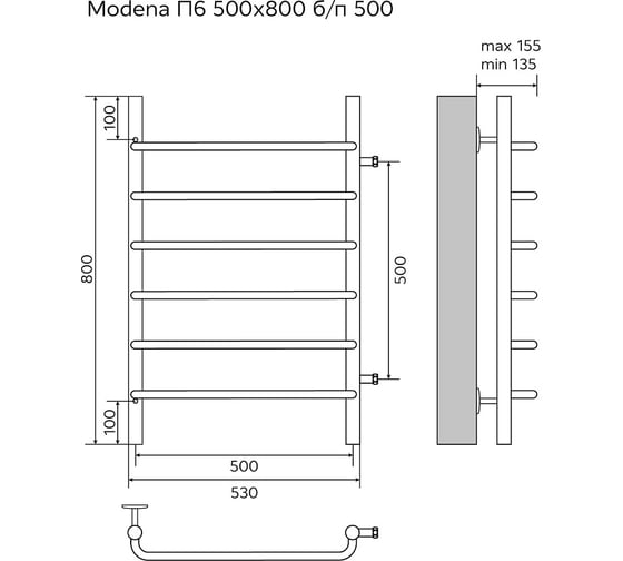 Водяной полотенцесушитель Azario MODENA 500/800 6 перекладин, боковое подключение, 1"-1/2", полированный 00088189