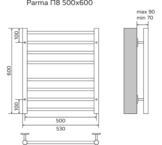 Водяной полотенцесушитель Azario PARMA 500/600 8 перекладин, 1"-1/2", полированный 00088185