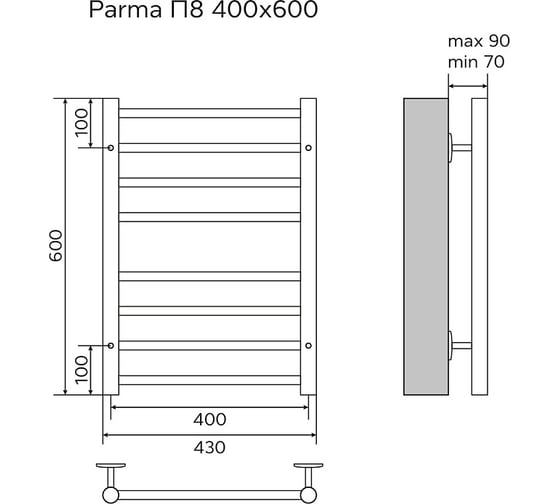 Водяной полотенцесушитель Azario PARMA 400/600 8 перекладин, 1"-1/2", полированный 00088184