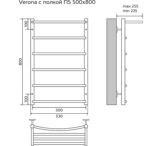 Водяной полотенцесушитель Azario VERONA 500/800 c полкой, 5 перекладин, 1"-1/2", полированный 00088180