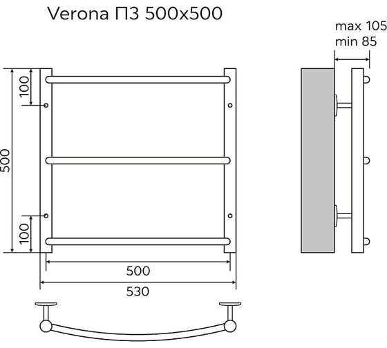 Водяной полотенцесушитель Azario VERONA 500/500 3 перекладины, 1"-1/2", полированный 00088170