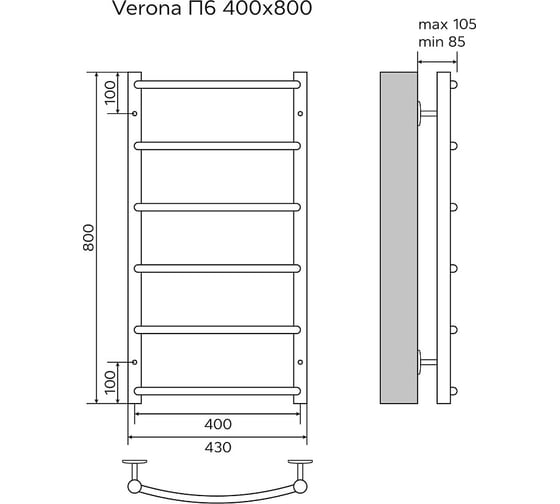 Водяной полотенцесушитель Azario VERONA 400/800 6 перекладин, 1"-1/2", полированный 00088177