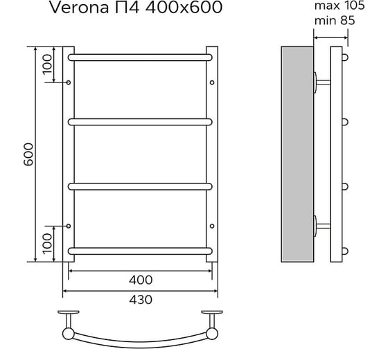 Водяной полотенцесушитель Azario VERONA 400/600 4 перекладины, 1"-1/2", полированный 00088173
