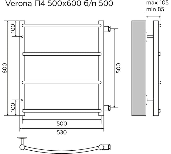 Водяной полотенцесушитель Azario VERONA 500/600 4 перекладины, боковое подключение, 1"-1/2", полированный 00088181