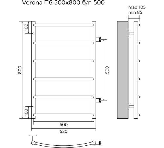 Водяной полотенцесушитель Azario VERONA 500/800 6 перекладин, боковое подключение, 1"-1/2", полированный 00088183