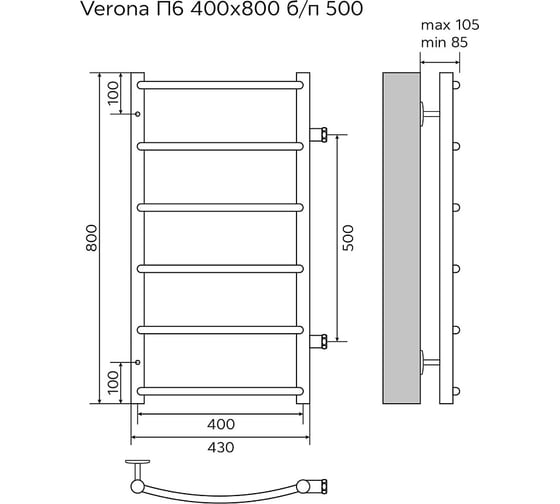 Водяной полотенцесушитель Azario VERONA 400/800 6 перекладин, боковое подключение, 1"-1/2", полированный 00088182