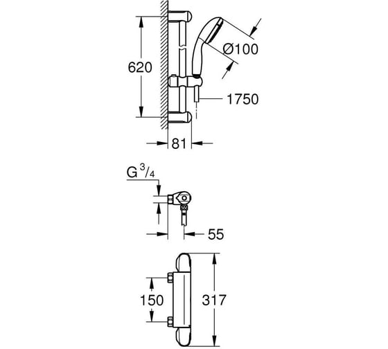 Термостат для душа Grohe Grohtherm 1000 с душевым гарнитуром, хром 34819004