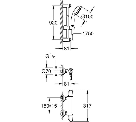 Термостат для душа Grohe Grohtherm 1000 с душевым гарнитуром, хром 34824004