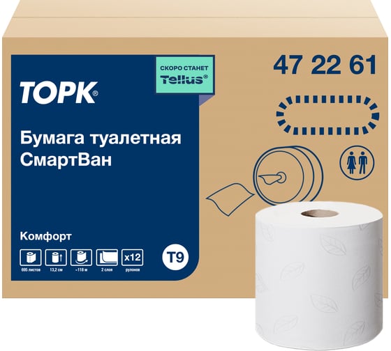 Бумага туалетная TORK TOРК Advanced 130 м, система T9, SmartOne, комплект 12 шт., 2-слойная, белая 472261