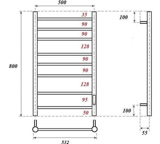 Полотенцесушитель электрический Point Аврора П8 500x800 диммер справа, графит премиум PN10858GR