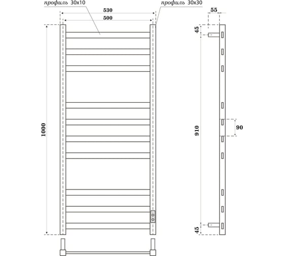 Полотенцесушитель электрический Point Меркурий П10 500x1000, диммер справа, графит премиум PN83850GR