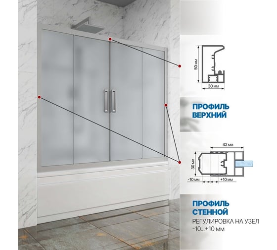 Шторка на ванну GuteWetter gwmpkb019p4 245x150 см, профиль хром матовый, стекло матовое закаленное 6 мм 4698031941636