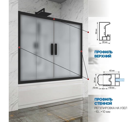 Шторка на ванну GuteWetter gwmpkb019p4 255x150 см, профиль черный матовый, стекло матовое закаленное 6 мм 4698031943050