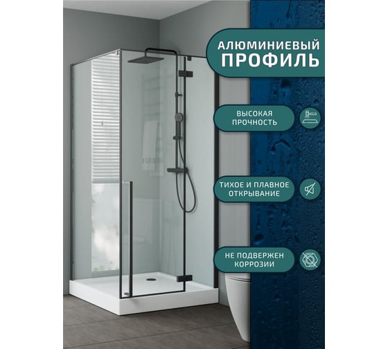 Душевой уголок Bauedge BAU Stil pattern квадратный 90x90x200, оборачиваемый с поддоном 12,5 см, закаленное стекло 6 мм, профиль черный матовый, с сифоном SB0014B