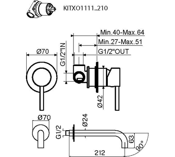 Комплект встраиваемого смесителя для раковины PLUMBERIA SELECTION IXO с внутренней частью, медь брашированная KITXO1135RS210