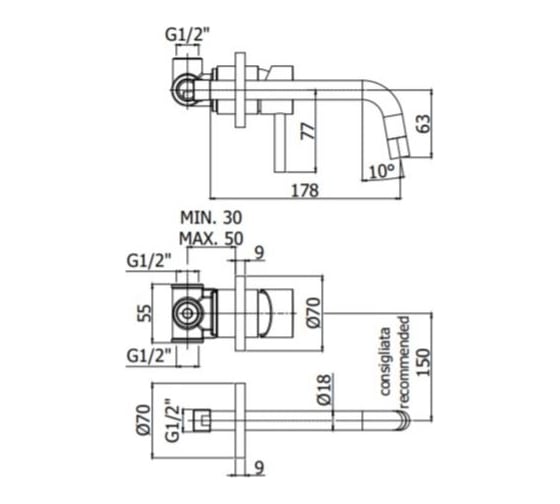 Смеситель для раковины встраиваемый Paffoni LIGHT золото медовое LIG006HG70