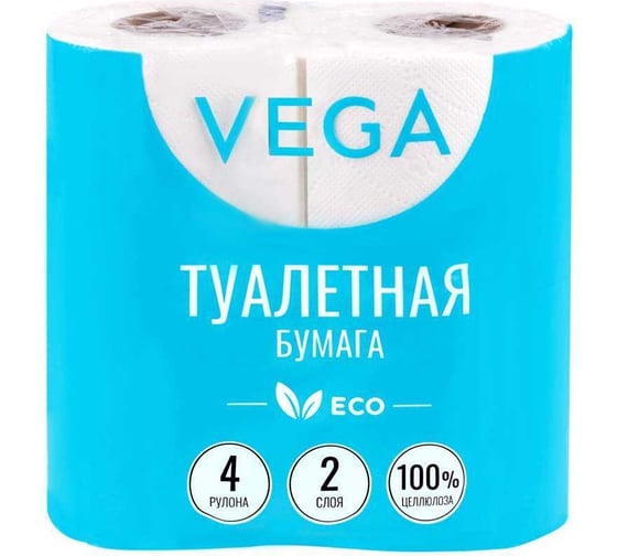 Туалетная бумага Vega Эко 2 слоя, 4 шт, 15 м, тиснение, белая 315618