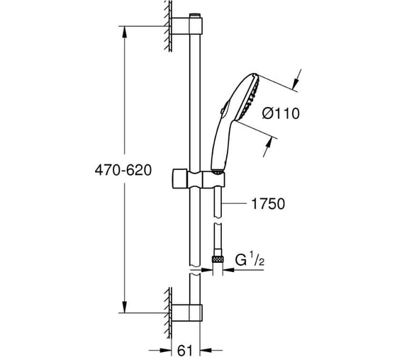 Душевой гарнитур GROHE 27598003 Tempesta 110 2 режима струи, 13.5 л/мин, хром, душевая штанга 600 мм, шланг 1750 мм, хром (замена 27598001) 00000136666