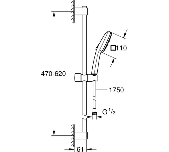Душевой гарнитур GROHE 27579003 Tempesta Cube 110 3 режима струи, душевая штанга 600 мм, шланг 1750 мм, 8.4 л/мин, хром (замена 27579002) 00000136600