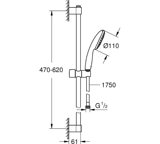 Душевой гарнитур GROHE 27853003 Tempesta 110, 1 режим струи, 16.6 л/мин, душевая штанга 600 мм, шланг 1750 мм, хром (замена 27853001) 00000136677