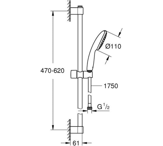 Душевой гарнитур GROHE 27924003 Tempesta 110, 1 режим струи, душевая штанга 600 мм, шланг 1750 мм, 8.7 л/мин, хром (замена 27924001) 00000136678