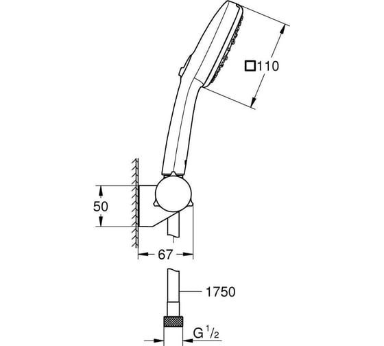 Душевой набор GROHE 27584003 Tempesta Cube 110, 3 режима струи, настенный держатель, шланг 1750 мм, 8,4 л/мин, хром (замена 27584002) 00000136601