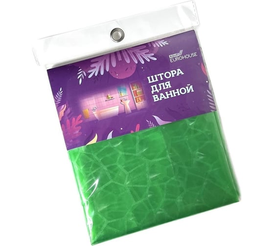Штора для ванной EUROHOUSE EVA 3D, зеленая, 180x180см, 12 пластиковых колец, мозаичное стекло 16233
