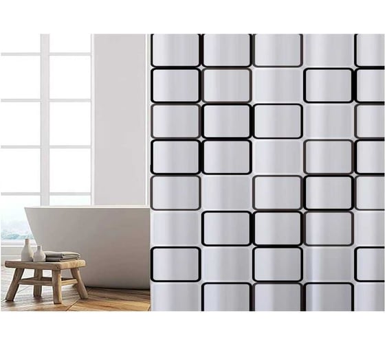 Штора для ванной EUROHOUSE PEVA, 180x180см, 12 пластиковых колец, монохром клетка 16237