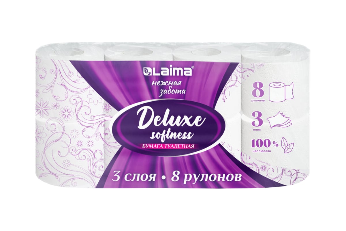 Бумага туалетная LAIMA Deluxe 3 слоя, 8 рулонов (8x16.5 м), 100% ...