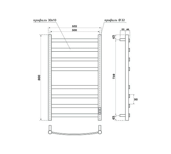 Полотенцесушитель электрический Point Антея П8 500x800, диммер справа, белый PN17858W