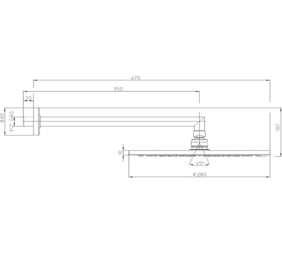 Верхний душ Bossini Cosmo 280 мм, из латуни, с держателем 21x350 мм, хром H70596H.030