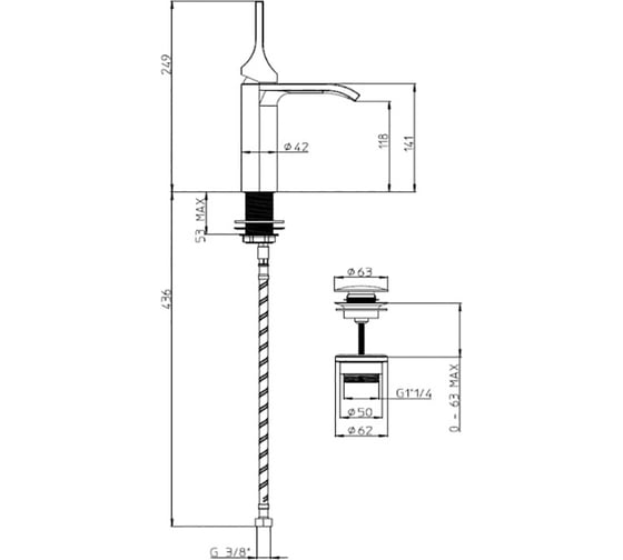 Смеситель для раковины Bossini Apice 249 мм, донный клапан, хром E89603.030